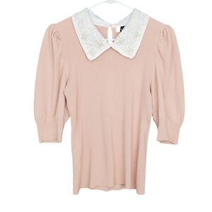 Ontwelfth Coquette Pink Pearl Lace Collar Sweater Puff Sleeve Balletcore XL